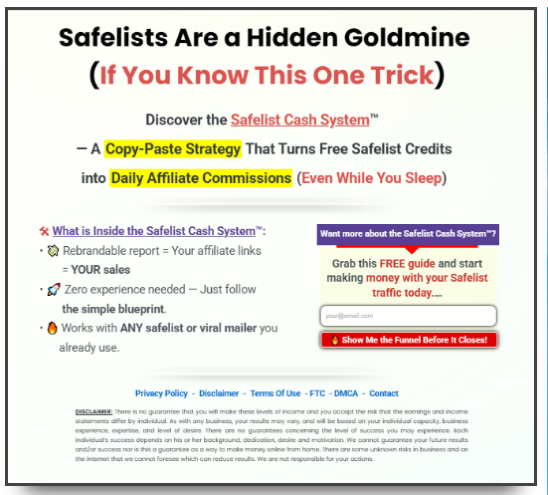 Safelist Cash System capture page 1
